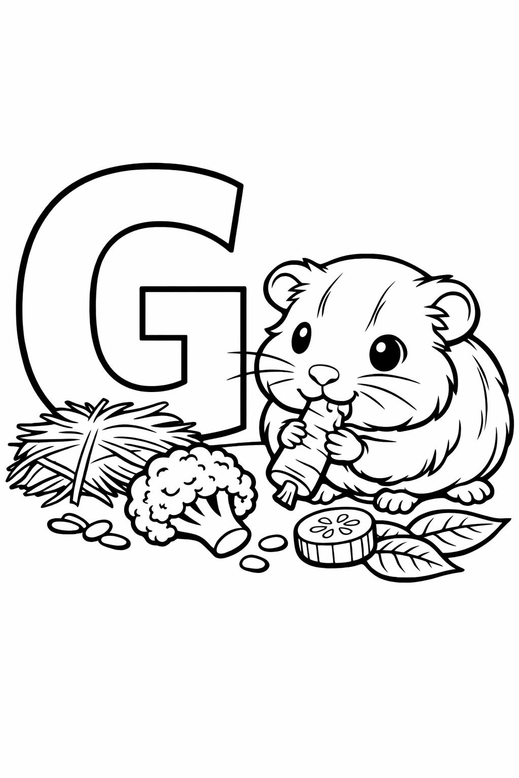 smiling letter G coloring page | cute alphabet illustration | preschool coloring page