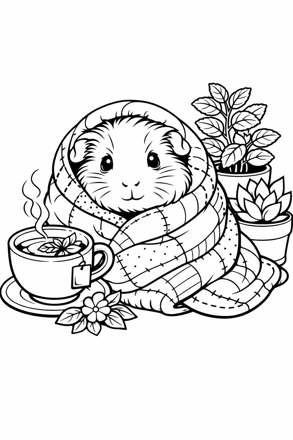 sleeping guinea pig coloring page | cozy pet illustration | relaxing coloring page