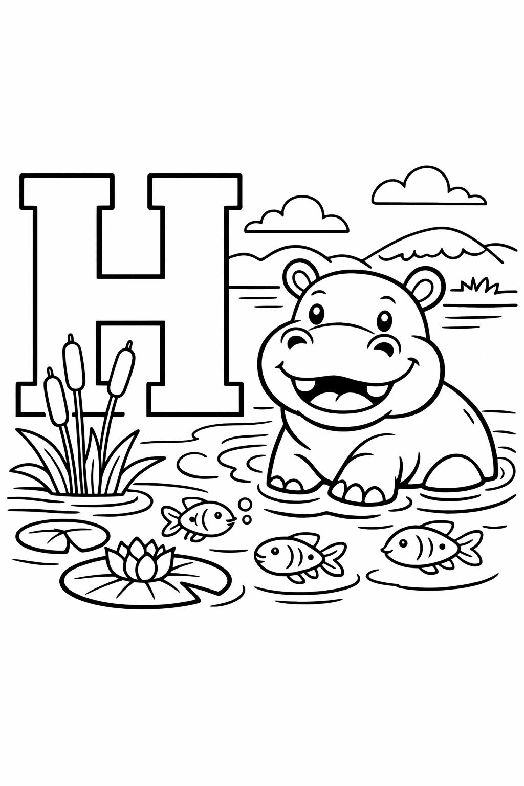 smiling letter H coloring page | cute alphabet illustration | preschool coloring page