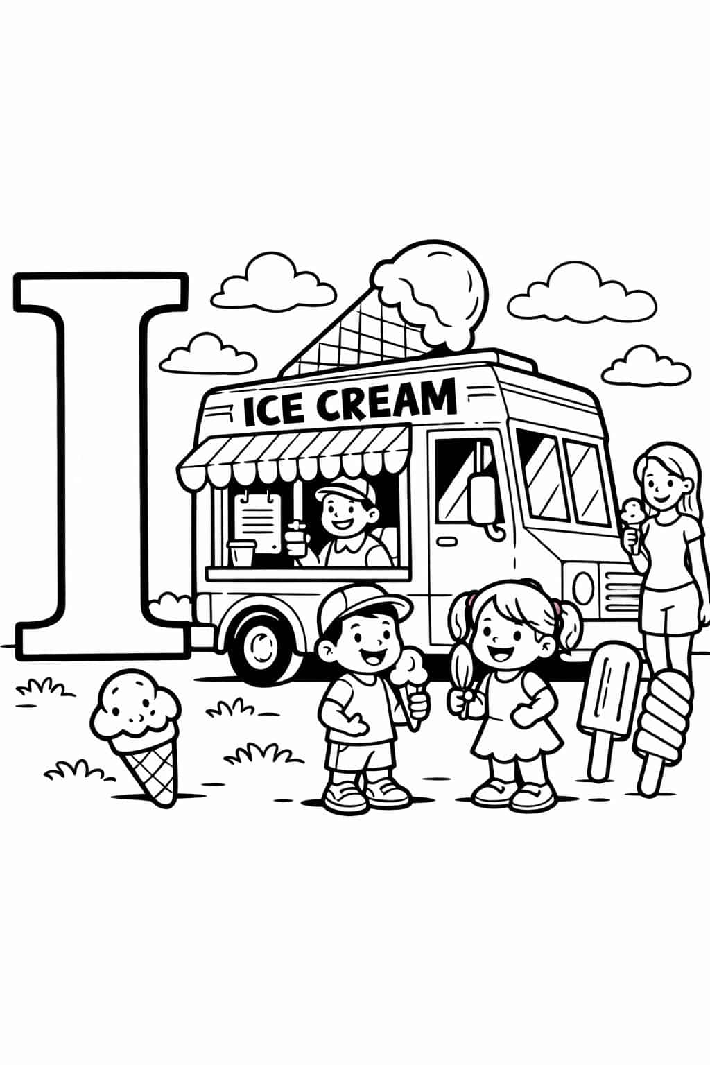 I is for island coloring page | tropical alphabet illustration | educational printable
