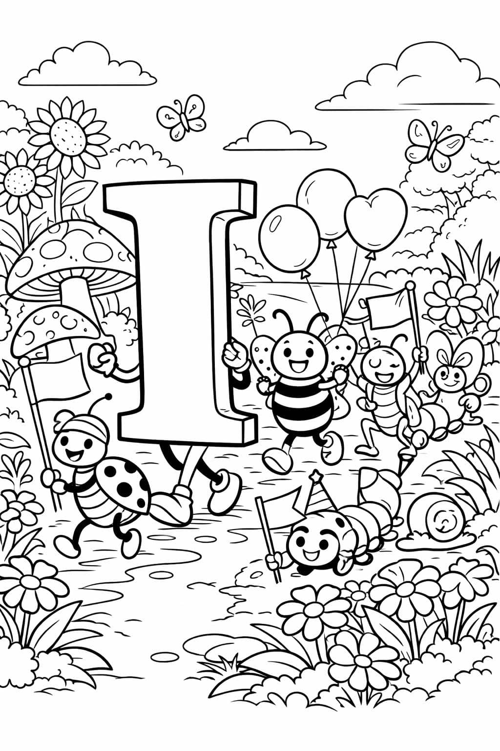 letter I objects page | words that start with I | educational coloring sheet