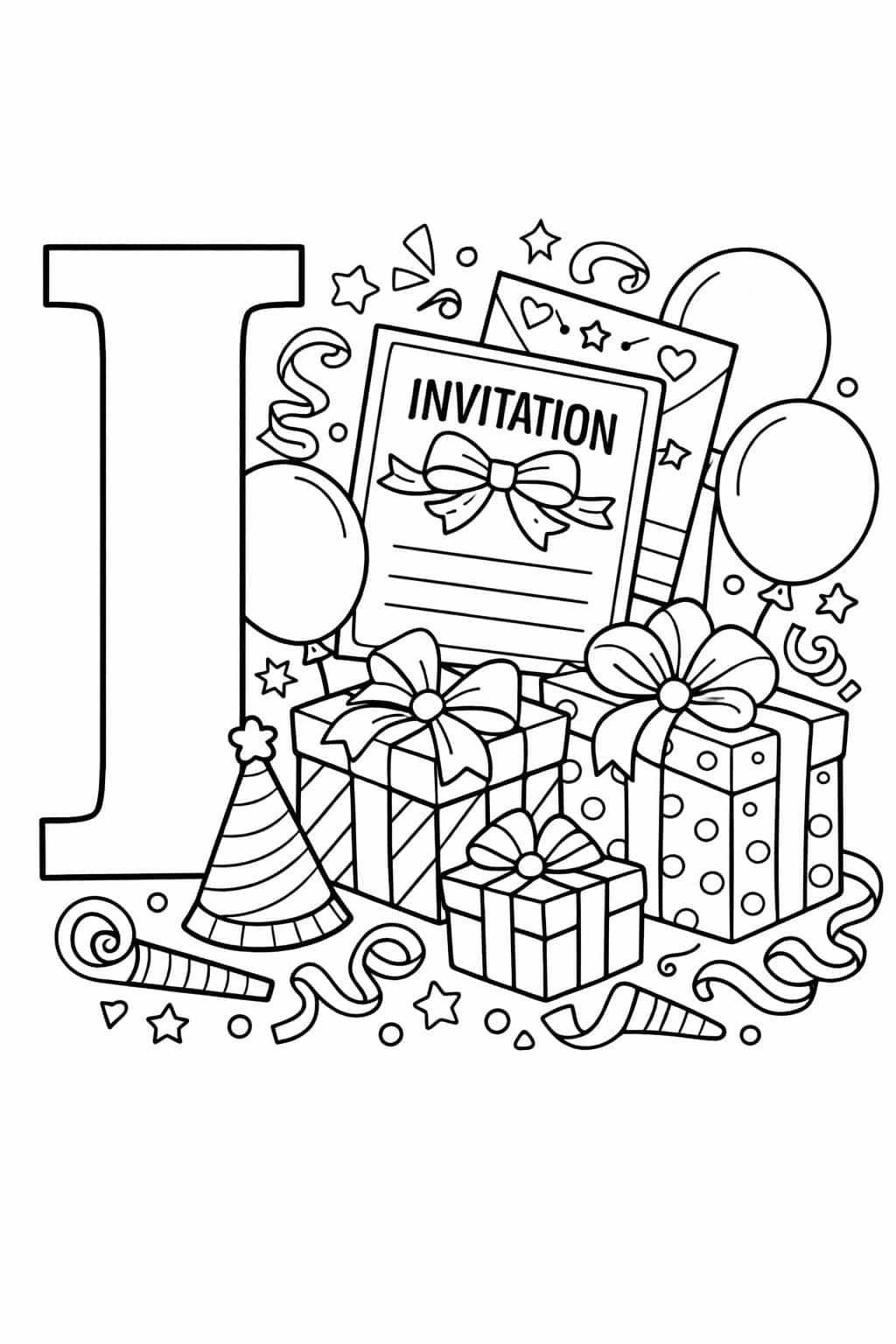 smiling letter I coloring page | cute alphabet illustration | preschool coloring page