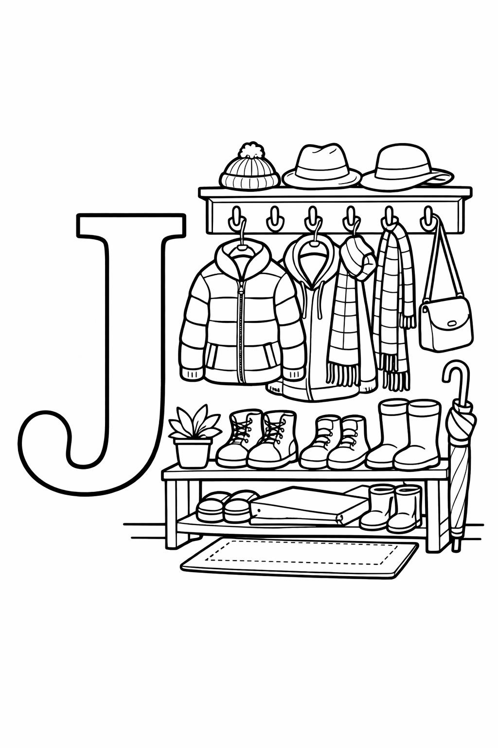 large letter J coloring page | bold alphabet design | preschool activity sheet