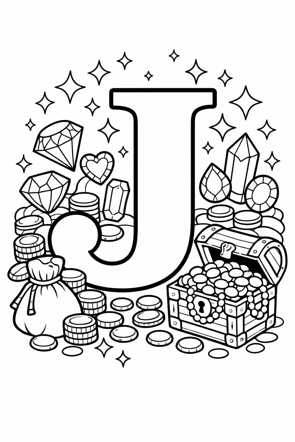 cartoon letter J coloring page | playful alphabet character | fun learning sheet