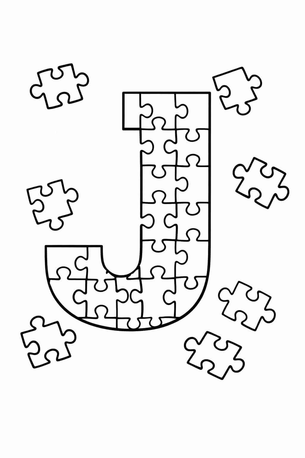 smiling letter J coloring page | cute alphabet illustration | preschool coloring page