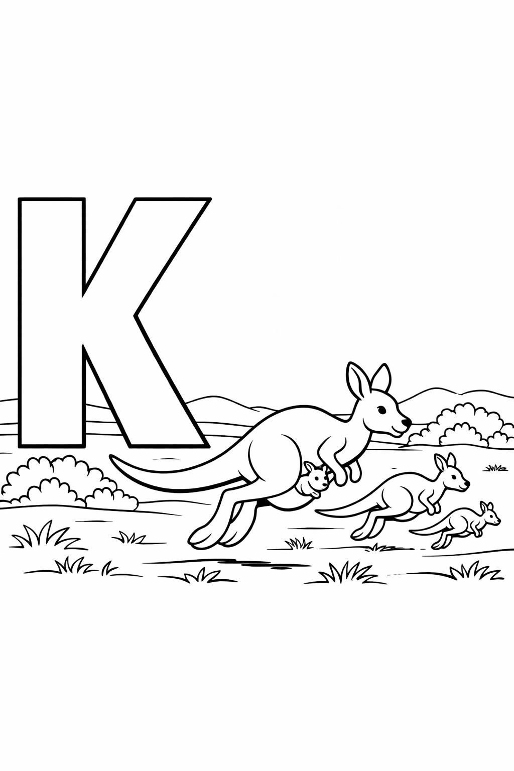 cartoon letter K coloring page | playful alphabet character | fun learning sheet