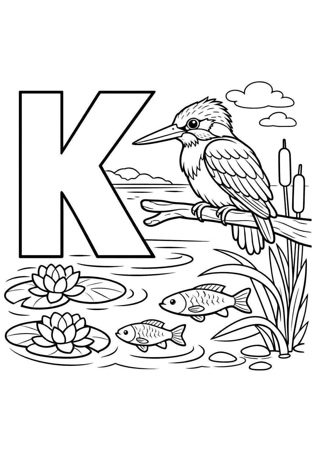 smiling letter K coloring page | cute alphabet illustration | preschool coloring page