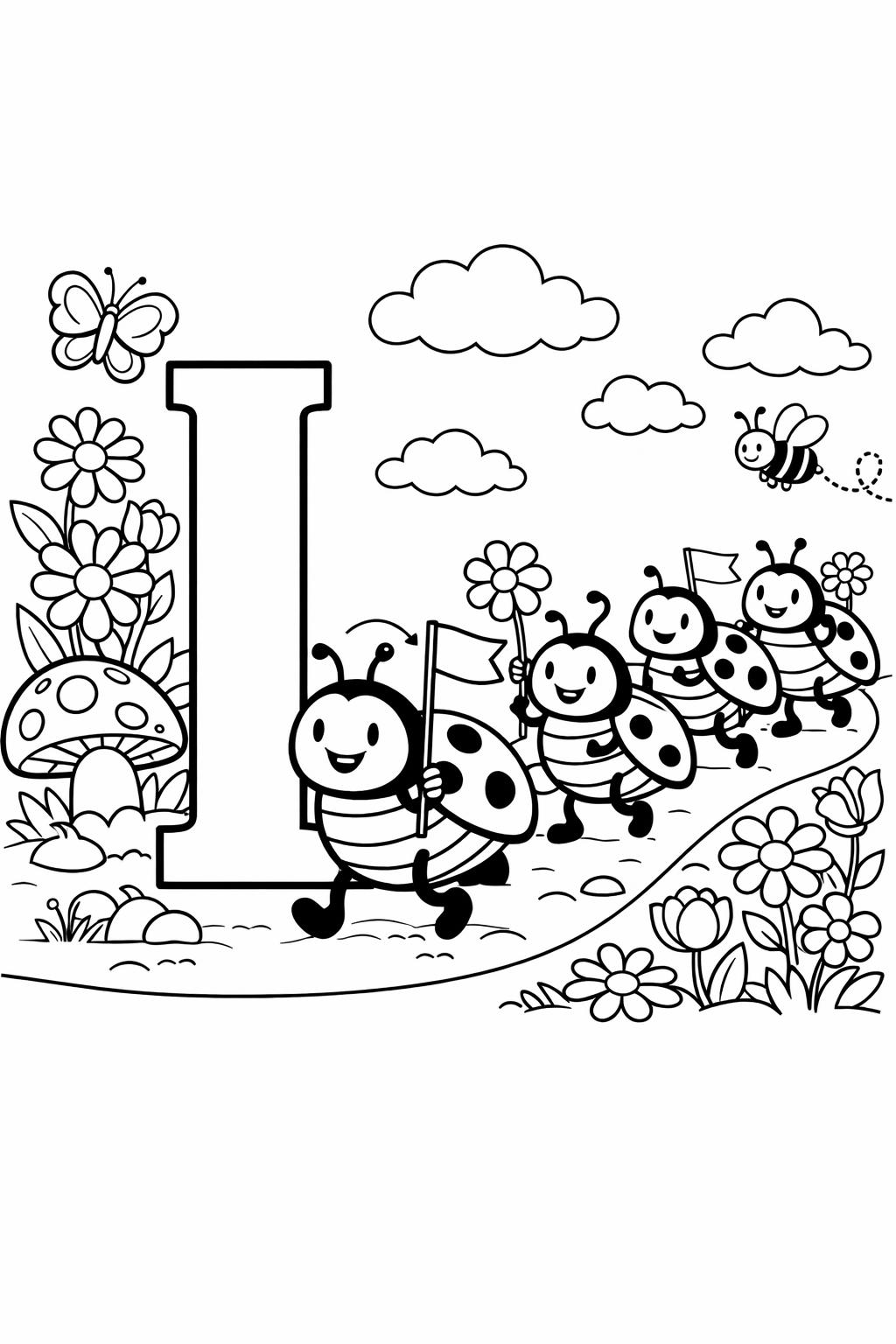 smiling letter L coloring page | cute alphabet illustration | preschool coloring page
