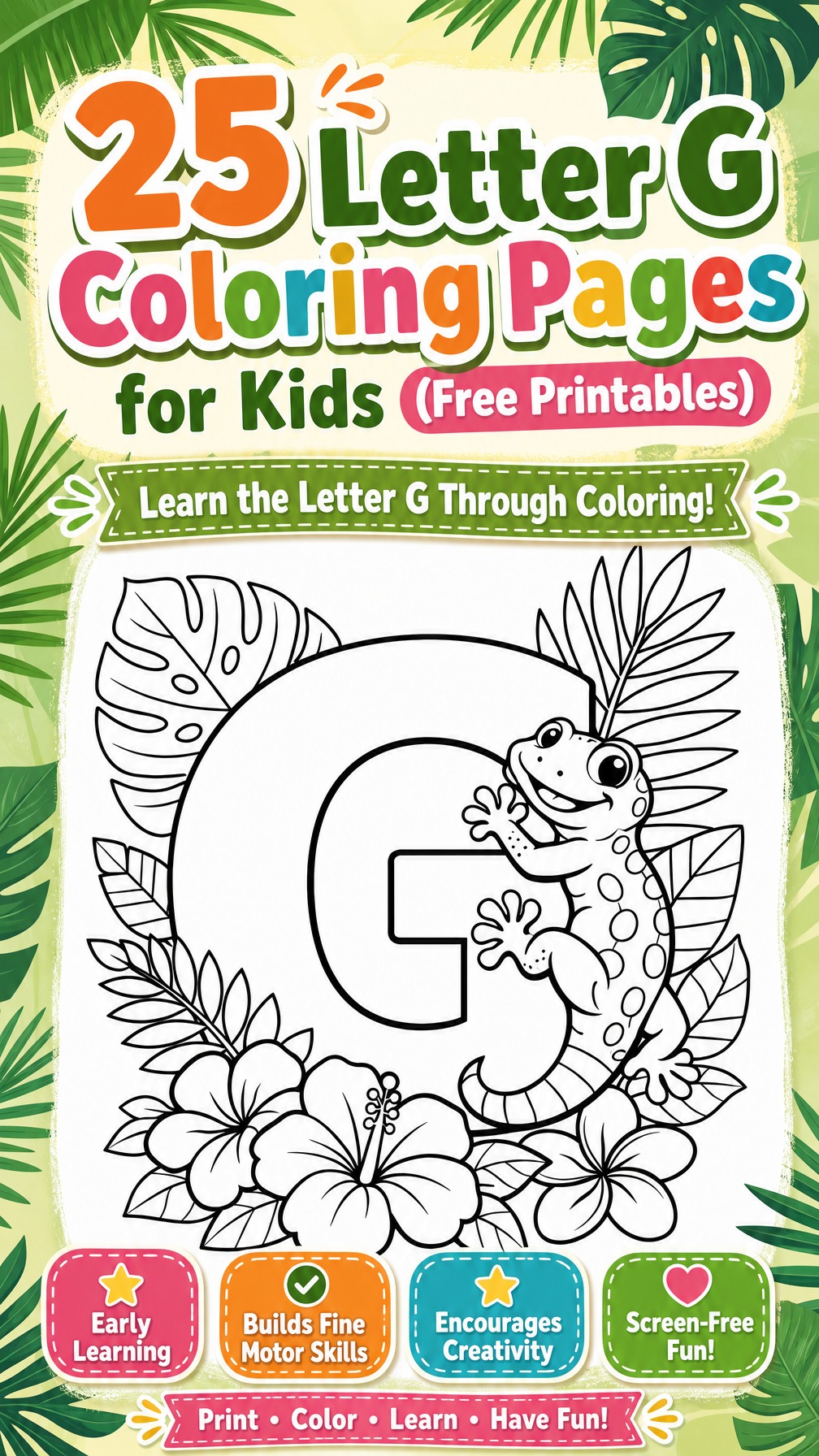 letter G coloring page | alphabet learning worksheet | printable kids activity