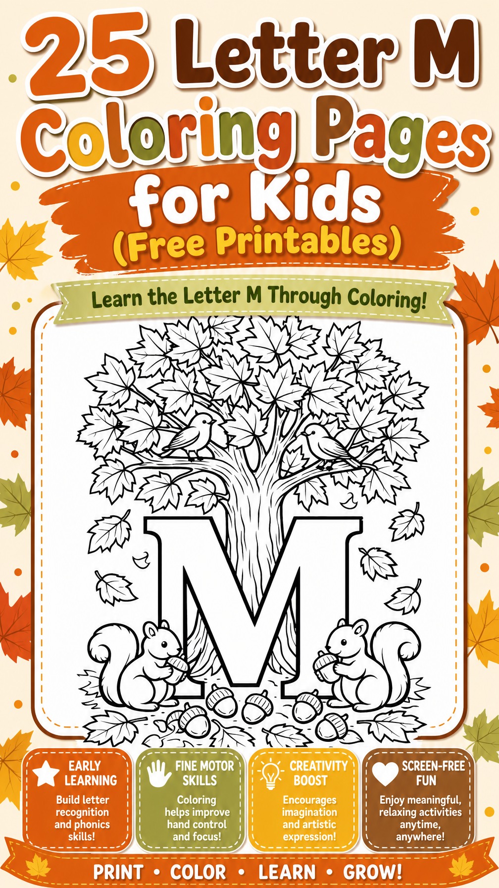 letter M coloring page | alphabet learning worksheet | printable kids activity