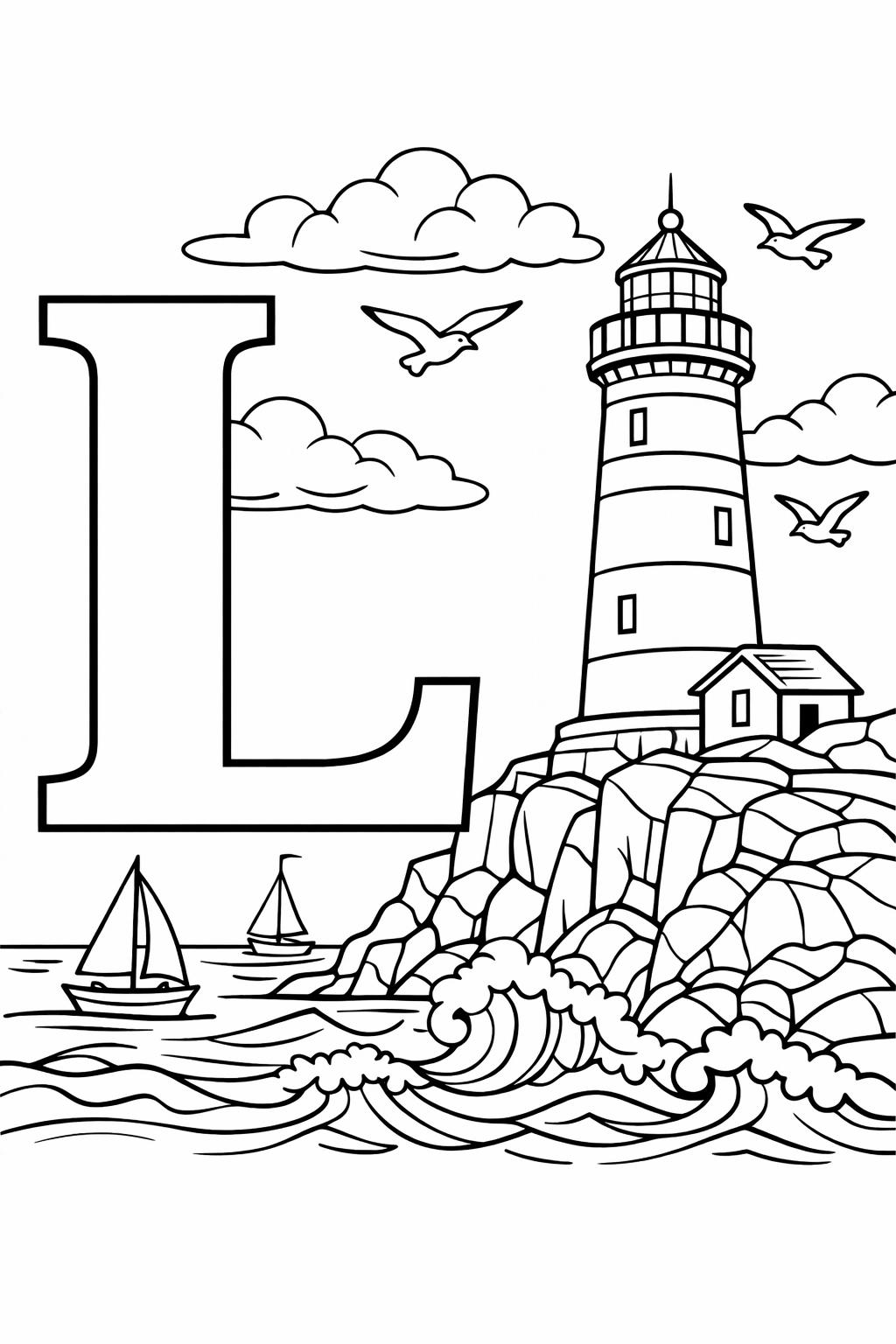 L is for lighthouse coloring page | coastal alphabet activity | creative kids coloring page