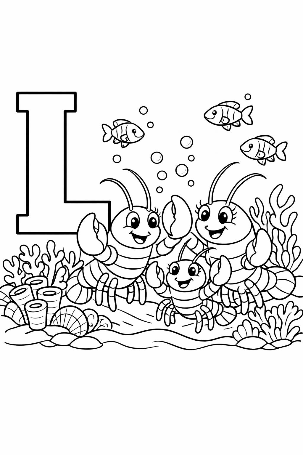 cartoon letter L coloring page | playful alphabet character | fun learning sheet