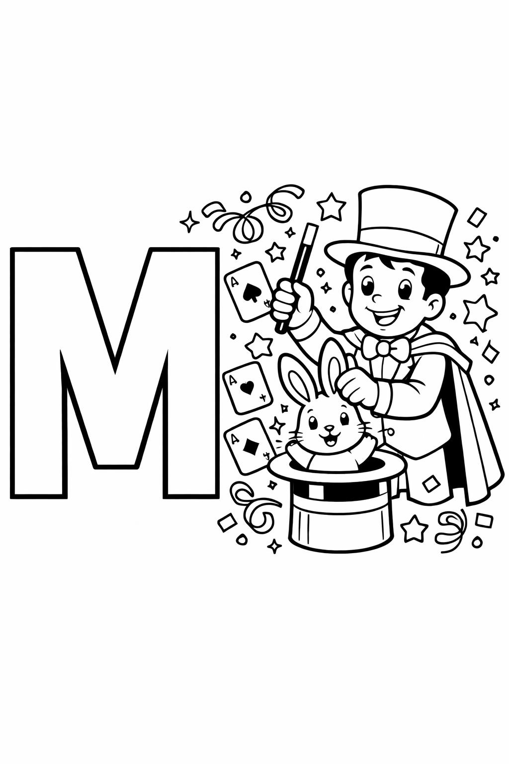 Large letter M beside a magic act featuring a magician and a rabbit in a hat, with a wand, cards, and confetti around them.