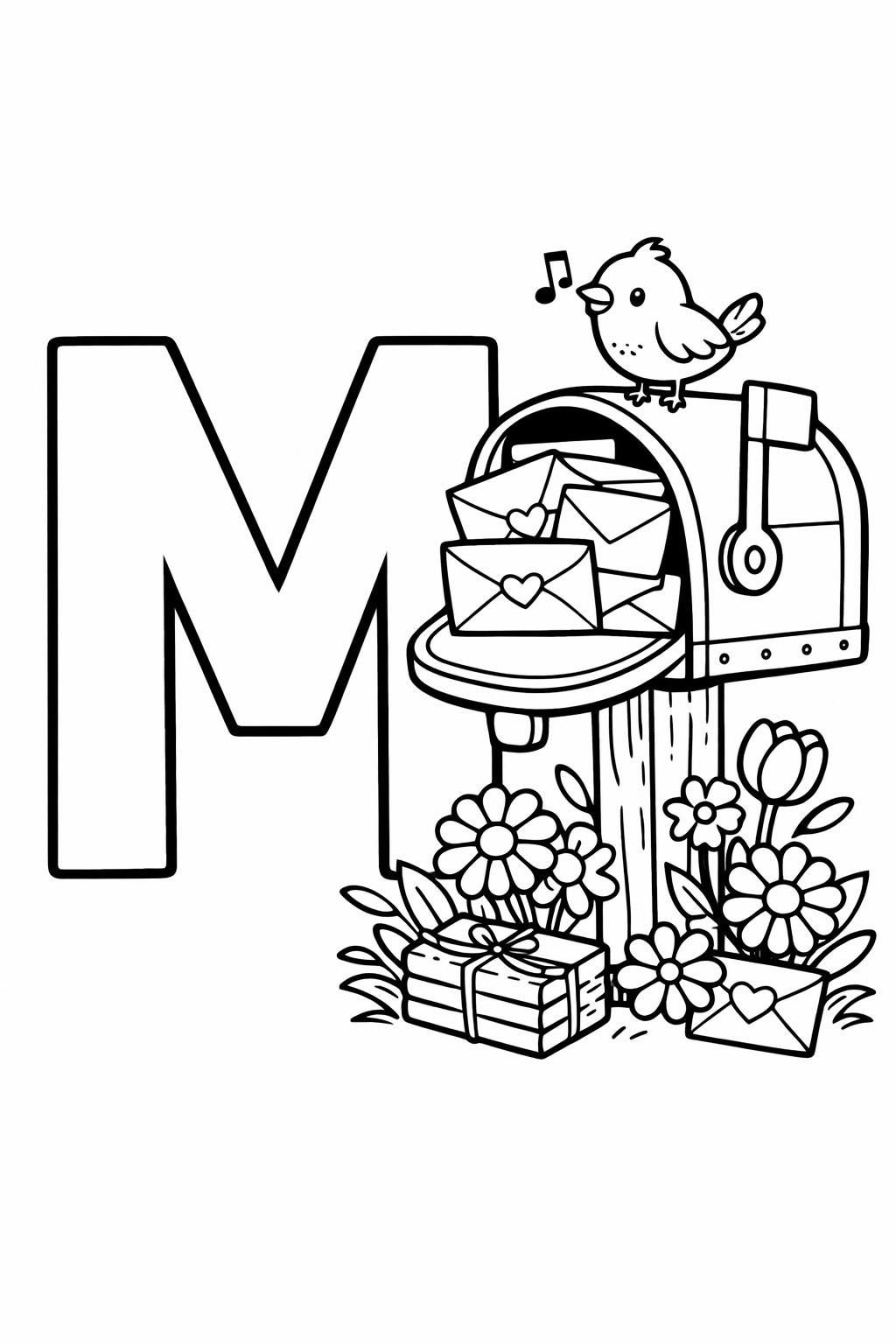 Large letter M beside a mailbox overflowing with love-letter envelopes; a bird perched on top, with flowers and a wrapped gift at the base.