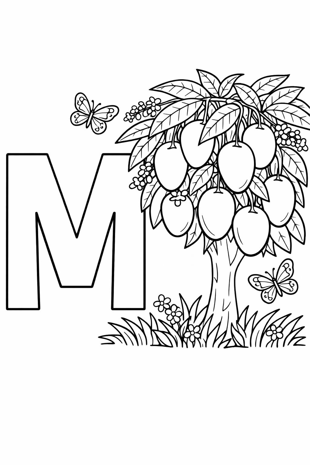 Large letter M beside a mango tree with hanging fruit and butterflies; a coloring page image for kids.