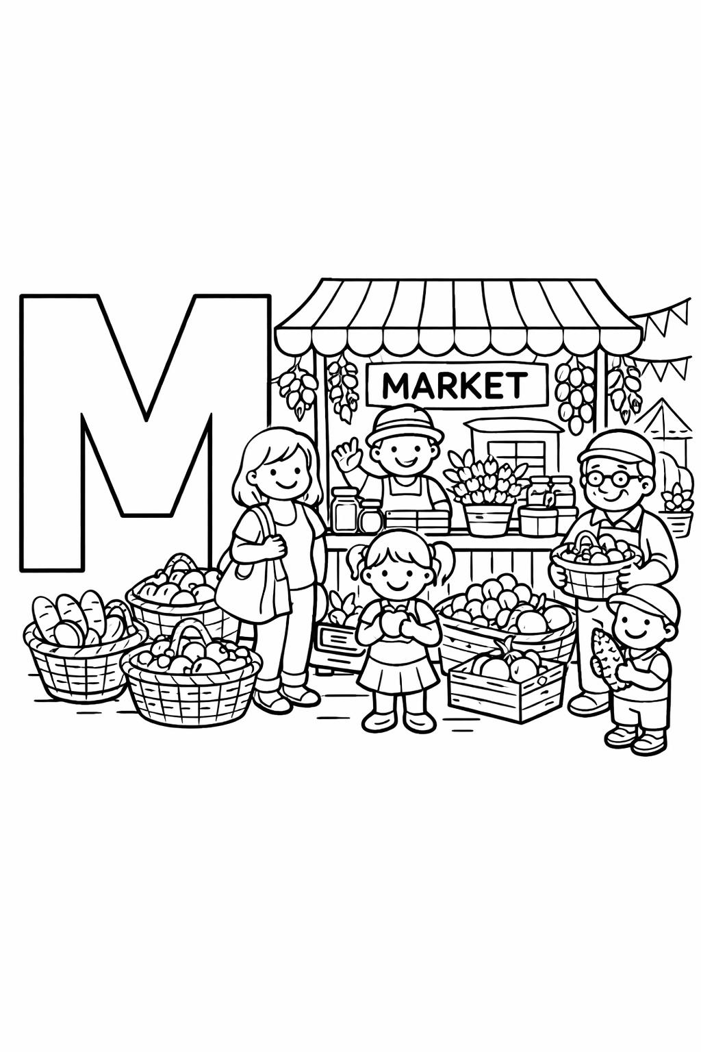 M is for mermaid coloring page | fantasy alphabet illustration | playful learning activity