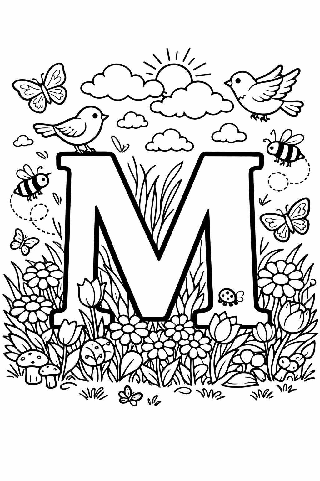 smiling letter M coloring page | cute alphabet illustration | preschool coloring page