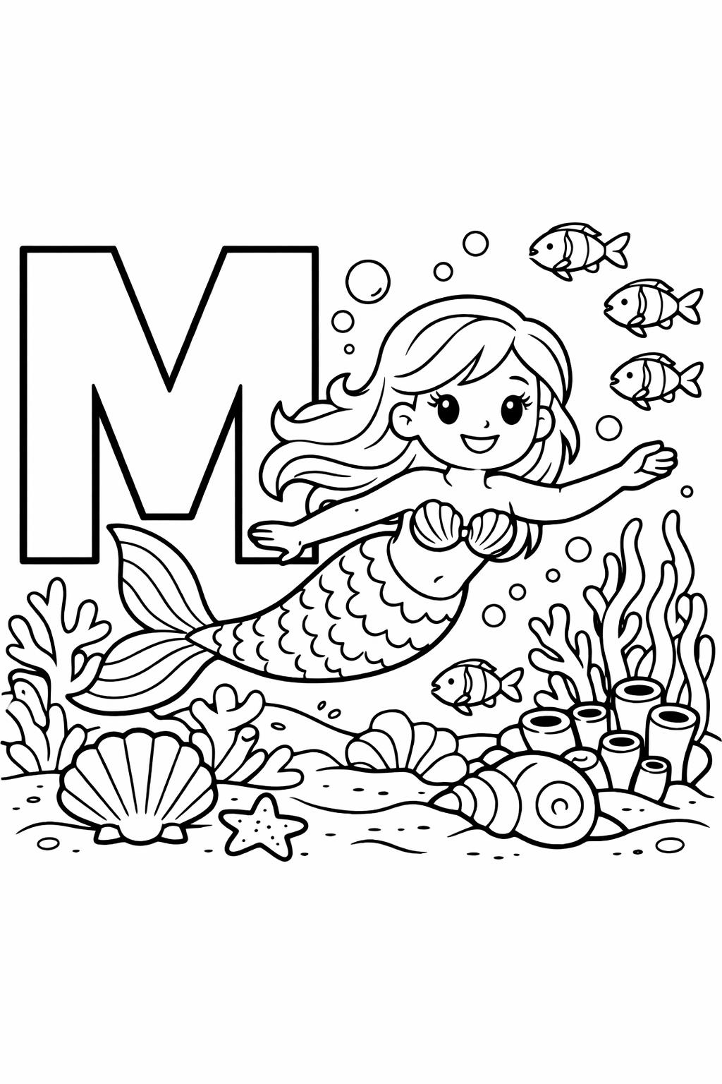 Mermaid swimming underwater near a large letter M with fish and coral around her (coloring page).