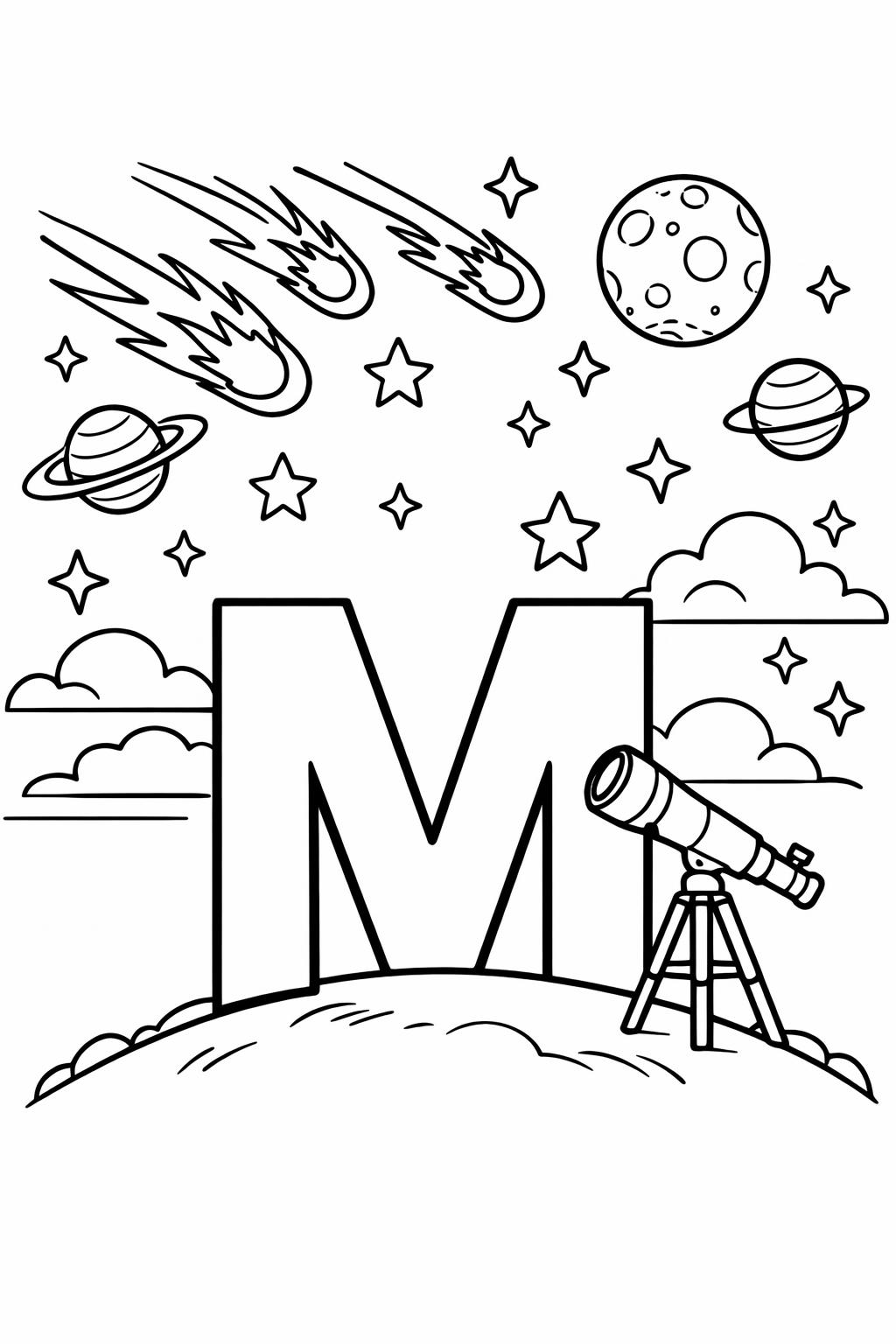 M is for mountain coloring page | landscape alphabet activity | creative kids coloring page