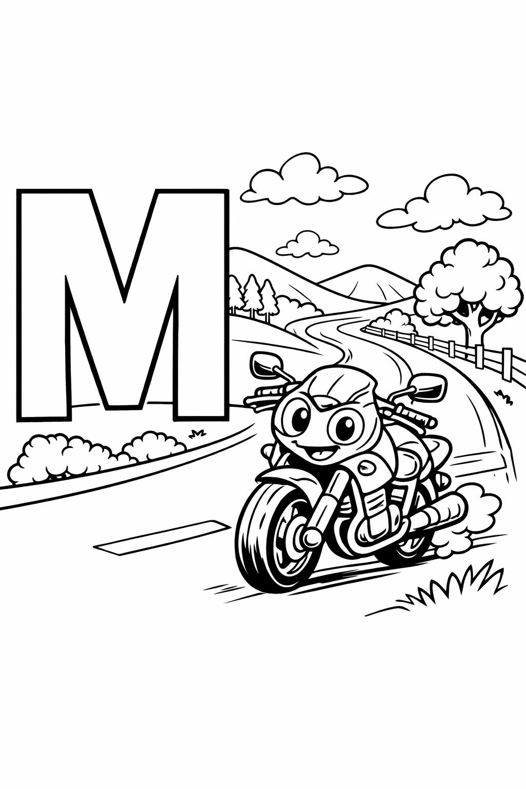 Large letter M beside a smiling cartoon motorcycle on a winding countryside road in a rural scene.