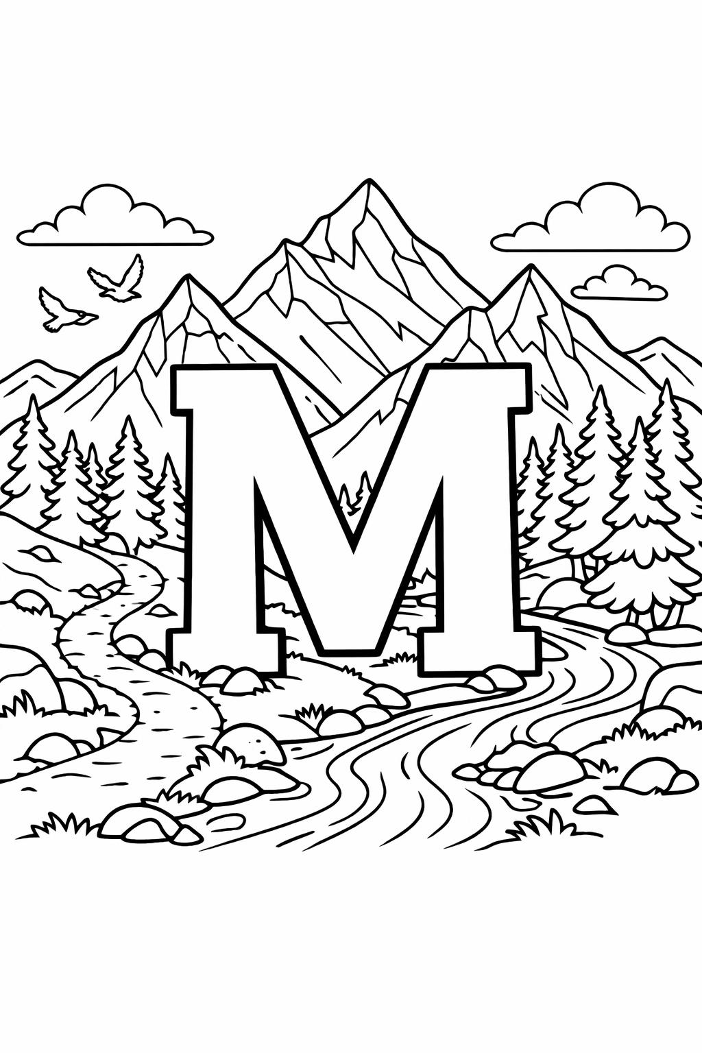 Large letter M in a mountain landscape coloring page: winding river, trees, mountains, and clouds.