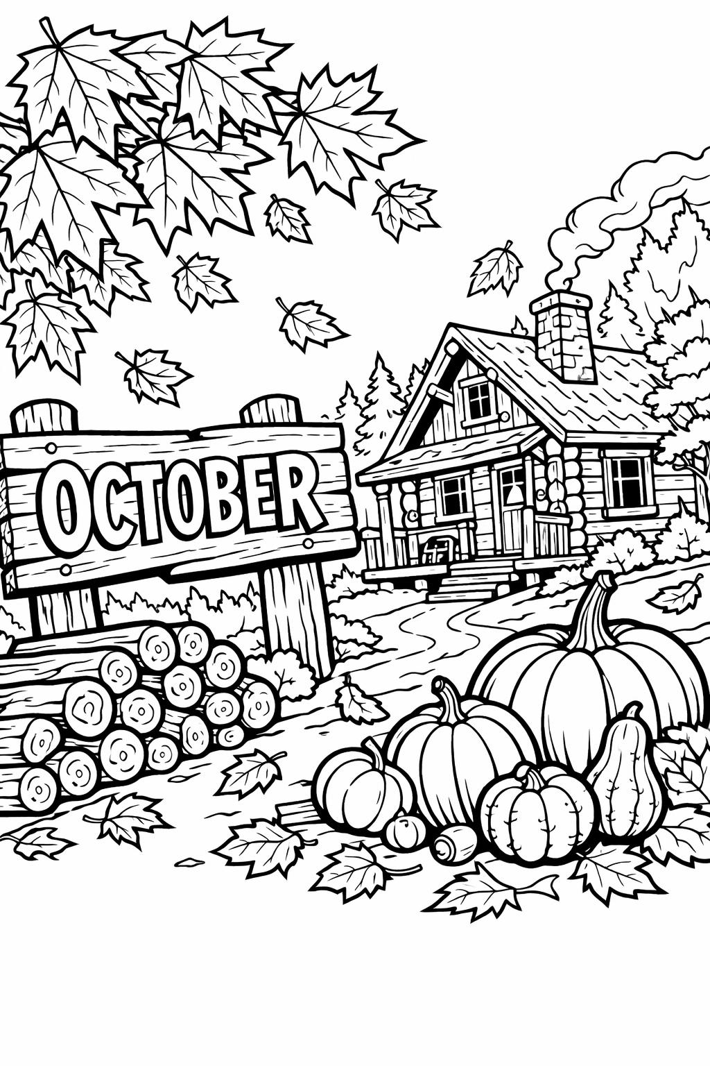 cozy cabin coloring page | peaceful autumn landscape | relaxing coloring page