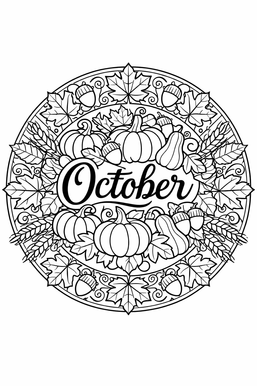Intricate circular autumn coloring page with pumpkins, acorns, leaves, and the word October in the center.