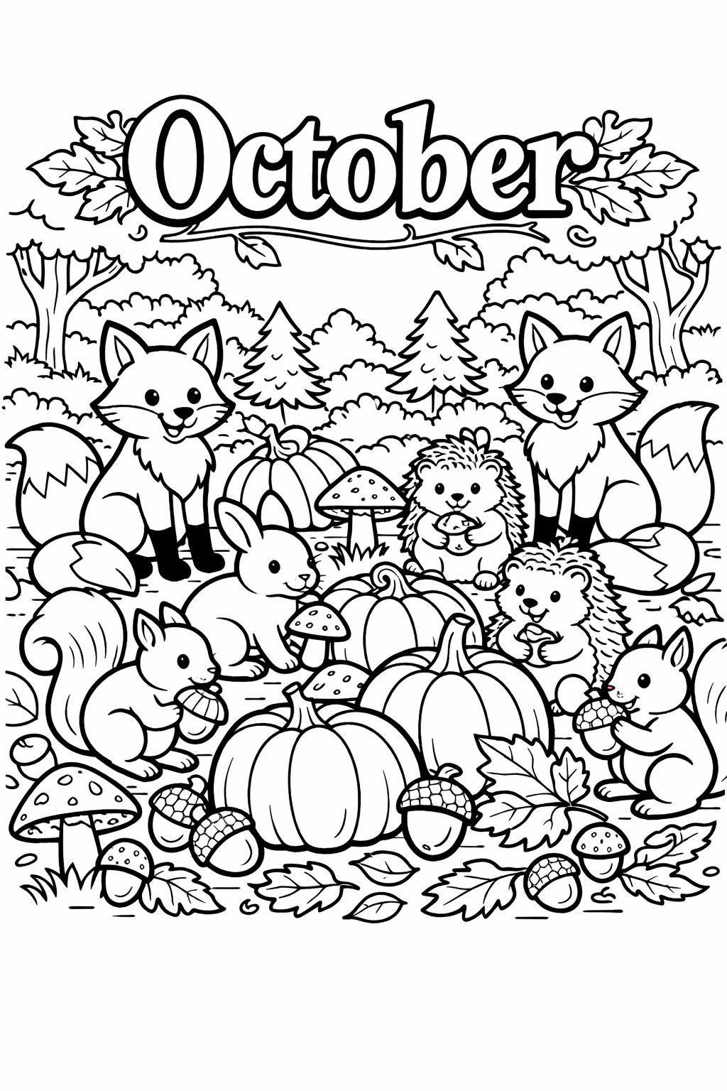 squirrel coloring page | acorns and fall leaves | cozy coloring sheet