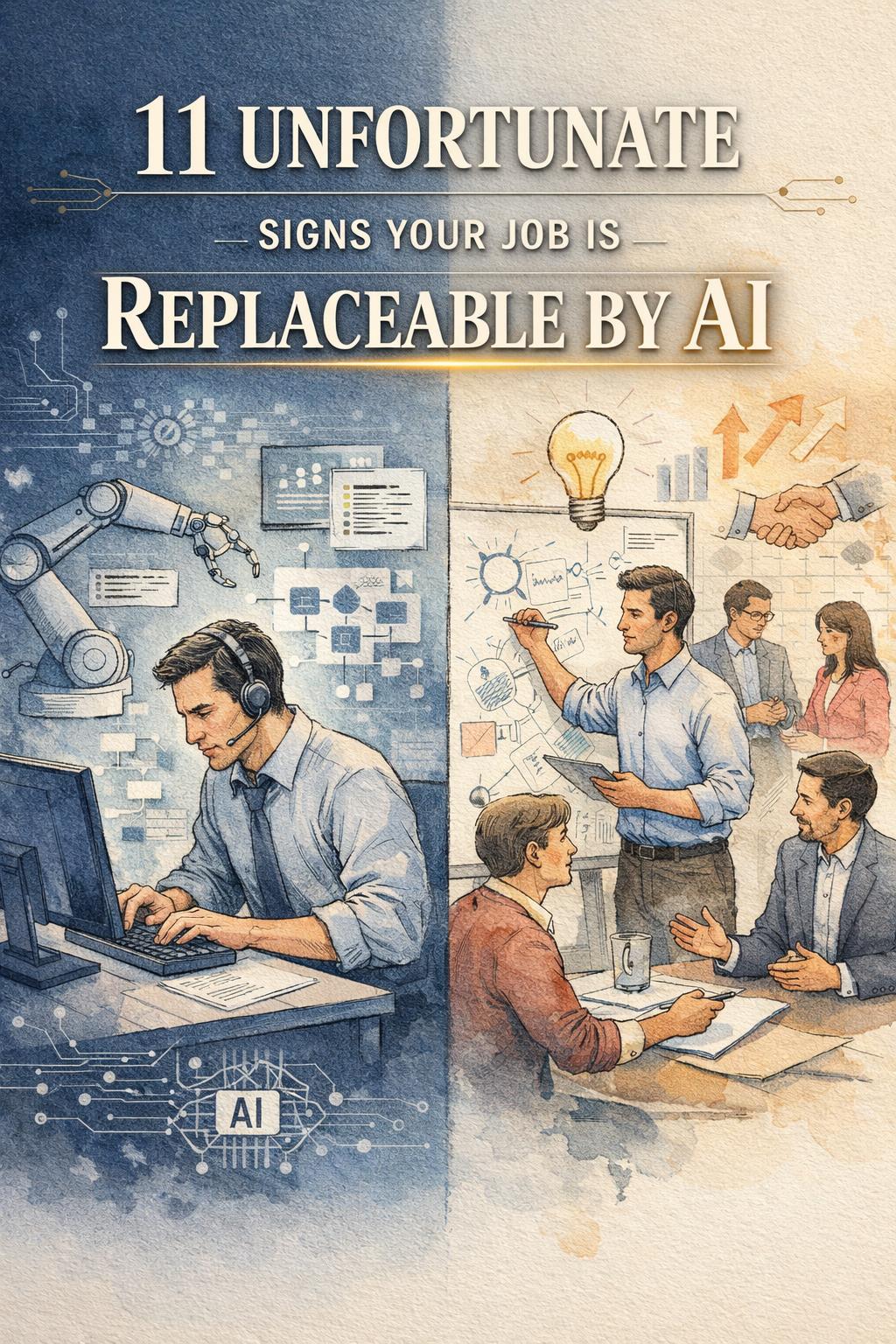 Illustration split: left shows a coder at a computer with a robotic arm nearby, right shows a team collaborating with charts; title reads '11 Unfortunate Signs Your Job Is Replaceable by AI'.