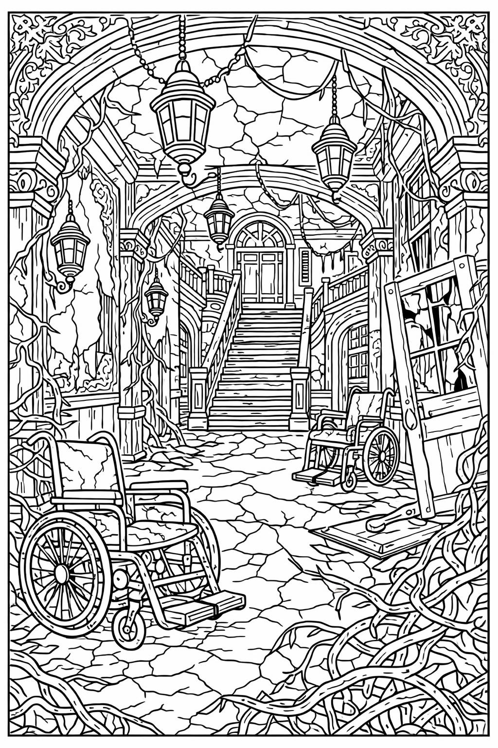 Abandoned, vine-covered indoor corridor with hanging lanterns, a grand central staircase, and wheelchairs in the foreground.