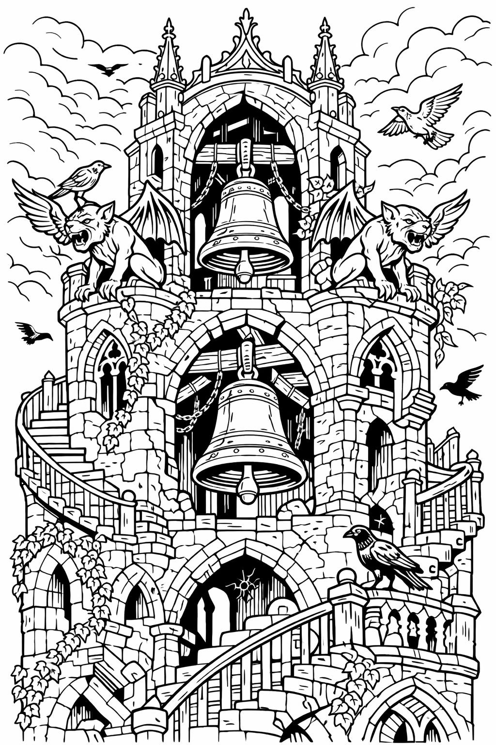A tall Gothic stone tower with two gargoyles, a large bell, ivy, and a winding staircase under a cloudy sky.