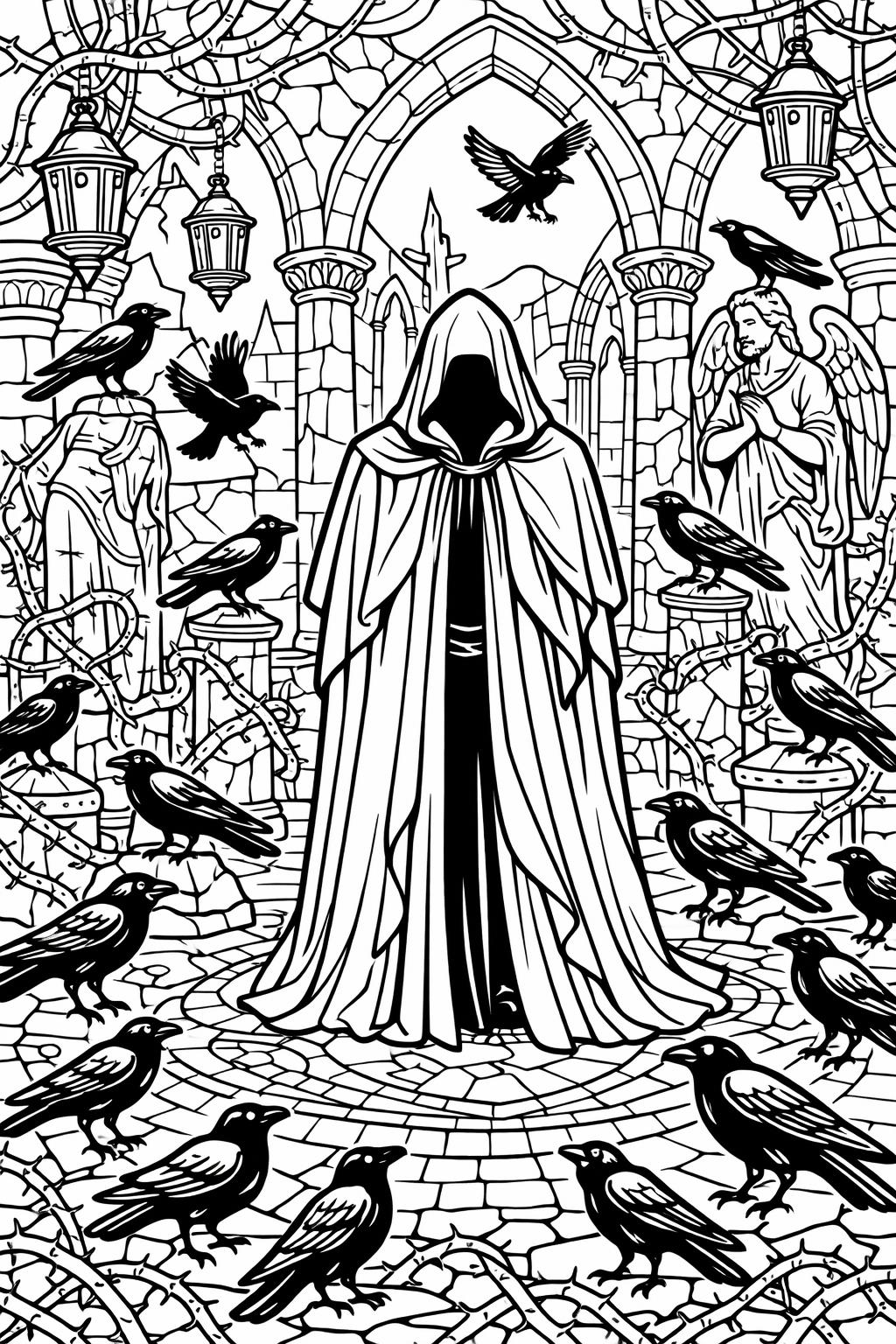 Hooded figure in a cloak stands in a ruined Gothic courtyard, surrounded by numerous ravens perched on vines and stone arches, with an angel statue nearby.