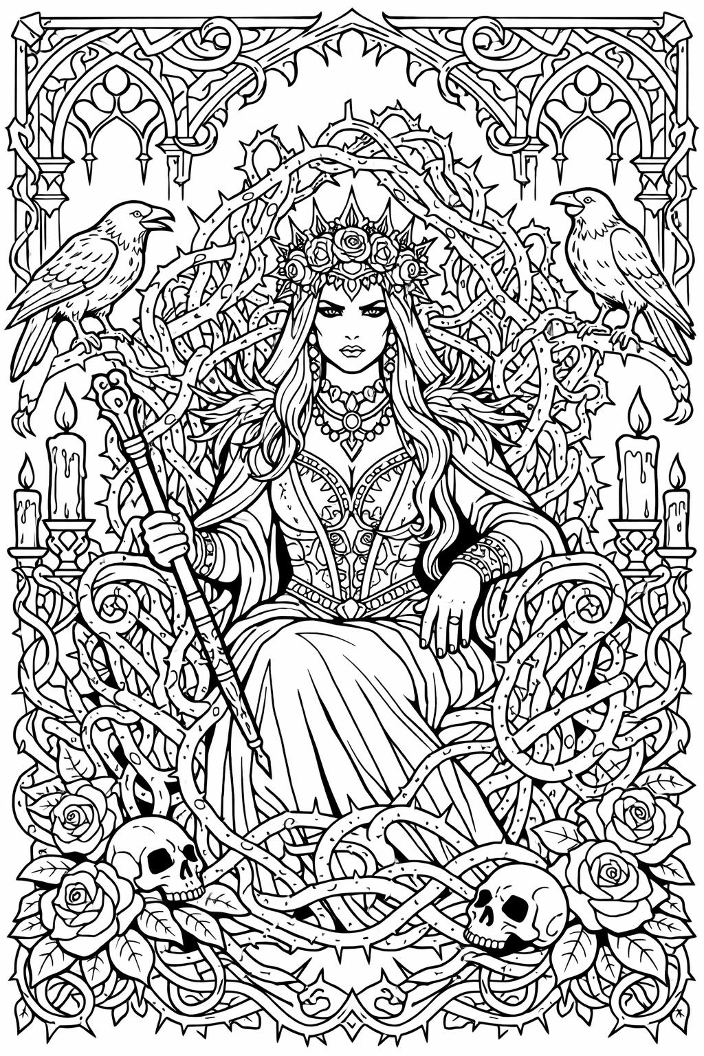 Gothic fantasy queen seated on a throne of entwined vines, flanked by two ravens, with skulls, roses, candles and thorns framing the scene; she holds a staff.