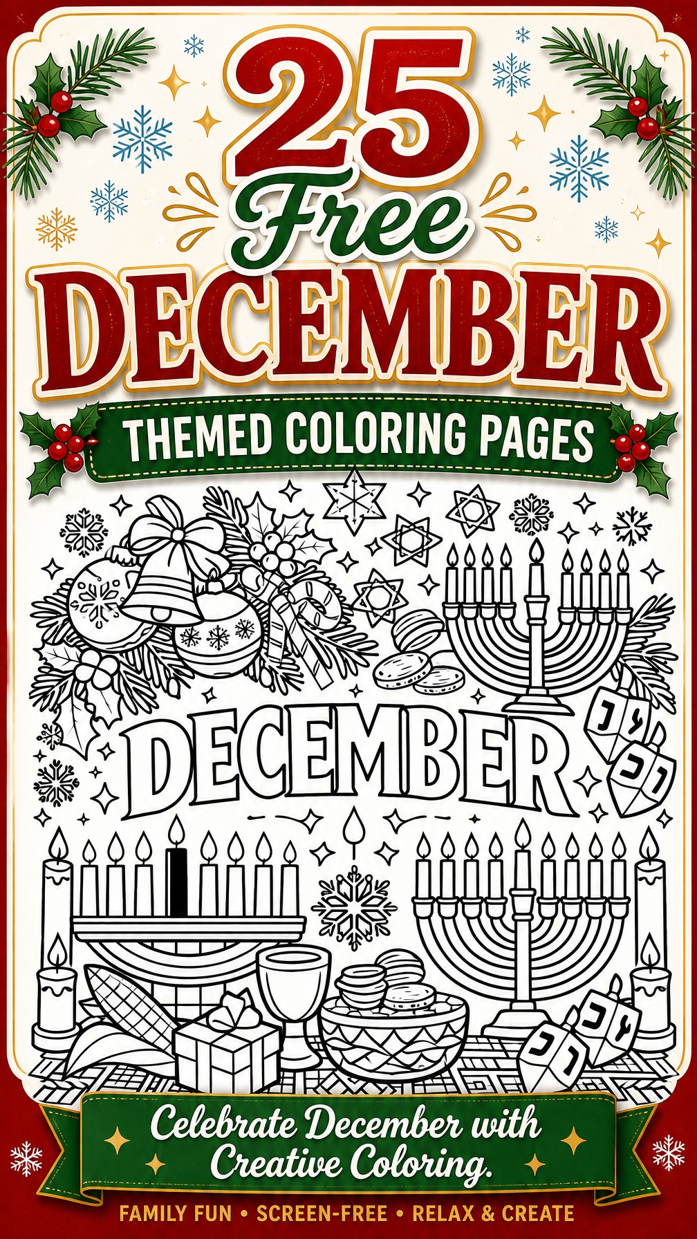 December coloring page | monthly themed coloring sheet | free printable activity
