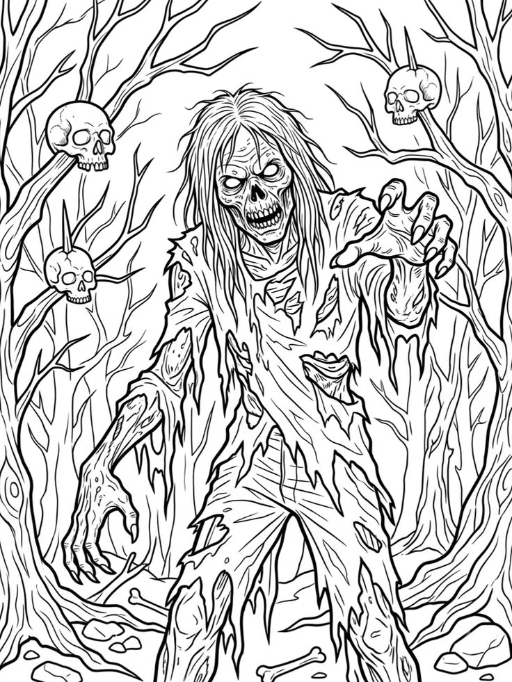 Zombie attacking in this eerie Halloween printable coloring page