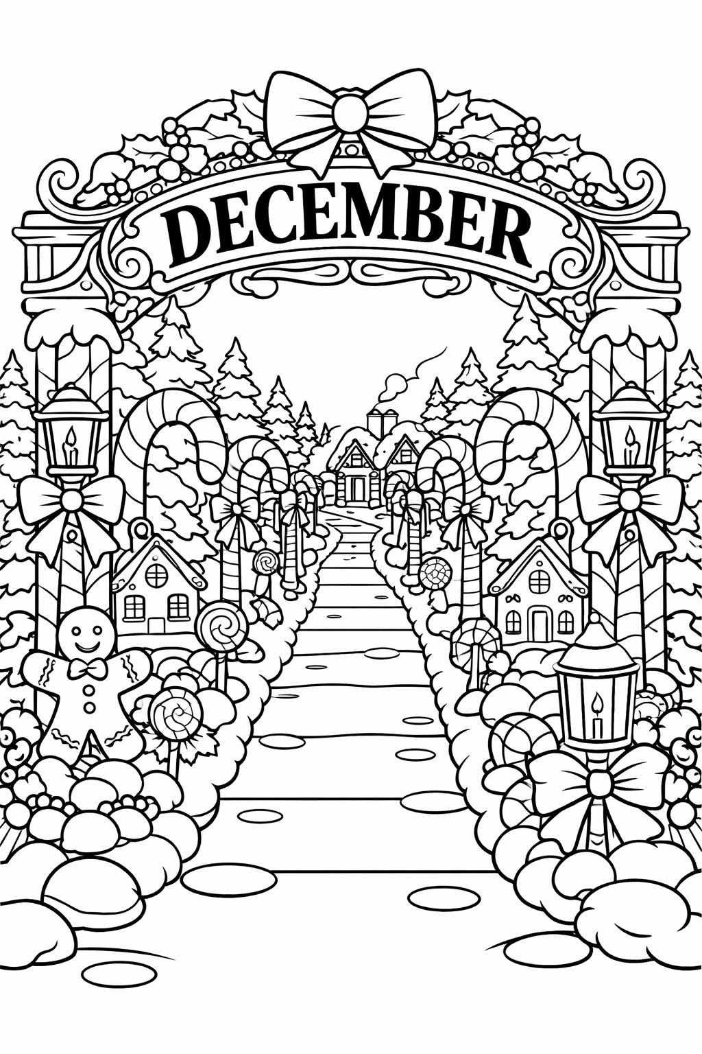 Archway labeled DECEMBER with a festive snowy path lined by candy canes, gingerbread figures, houses, trees, and lanterns for a holiday coloring scene.