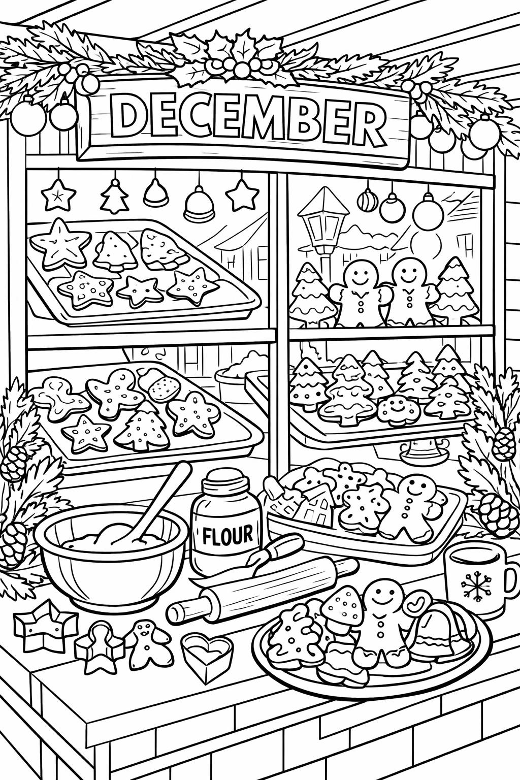 Holiday bakery stall under a December sign, with cookies, gingerbread, trees, and baking tools on the counter.