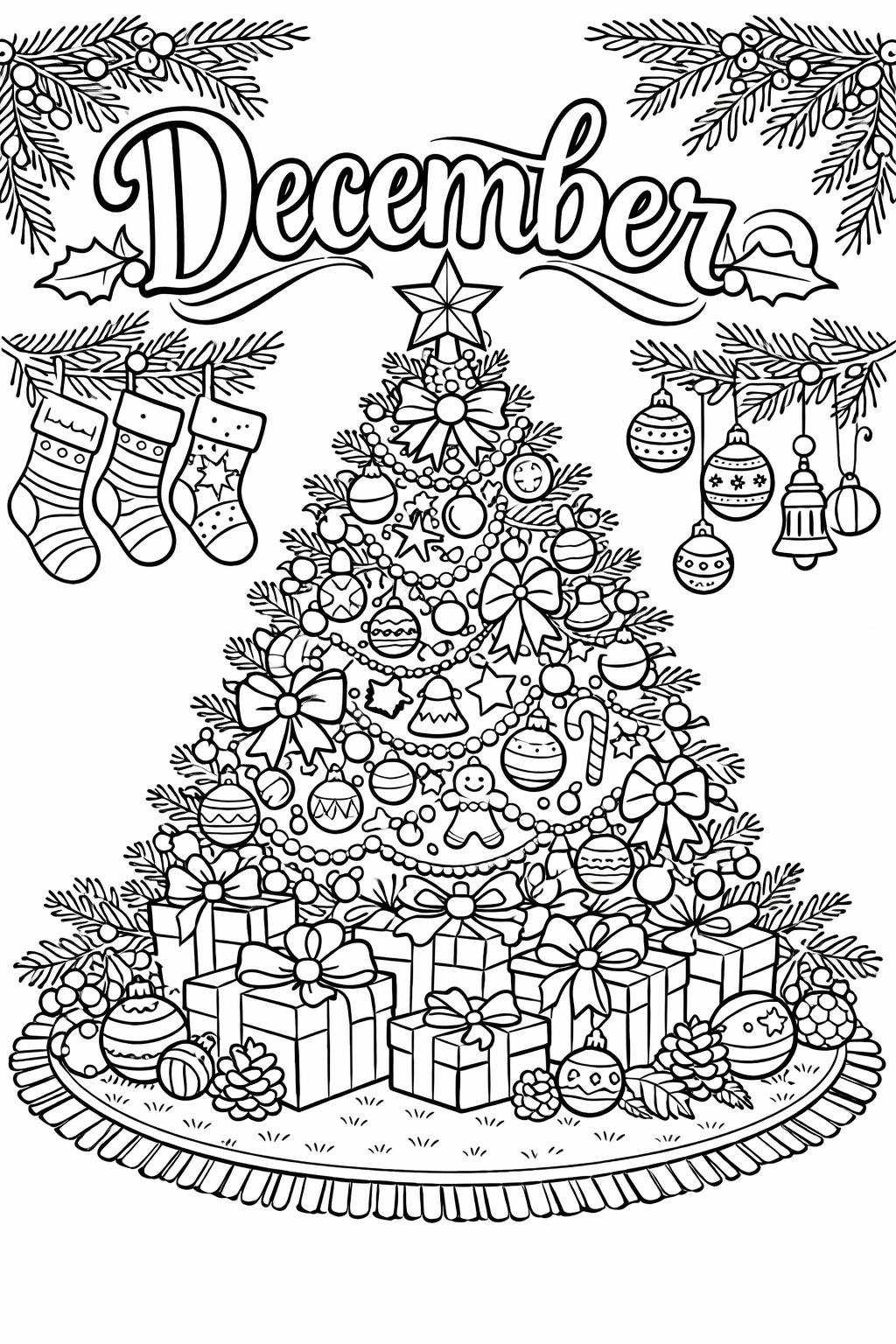 December calendar coloring page | monthly calendar printable | winter coloring sheet