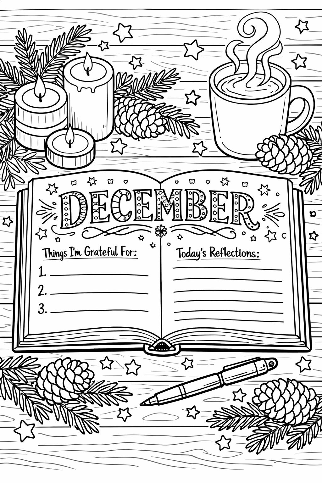 Christmas fireplace coloring page | cozy holiday scene | festive printable artwork