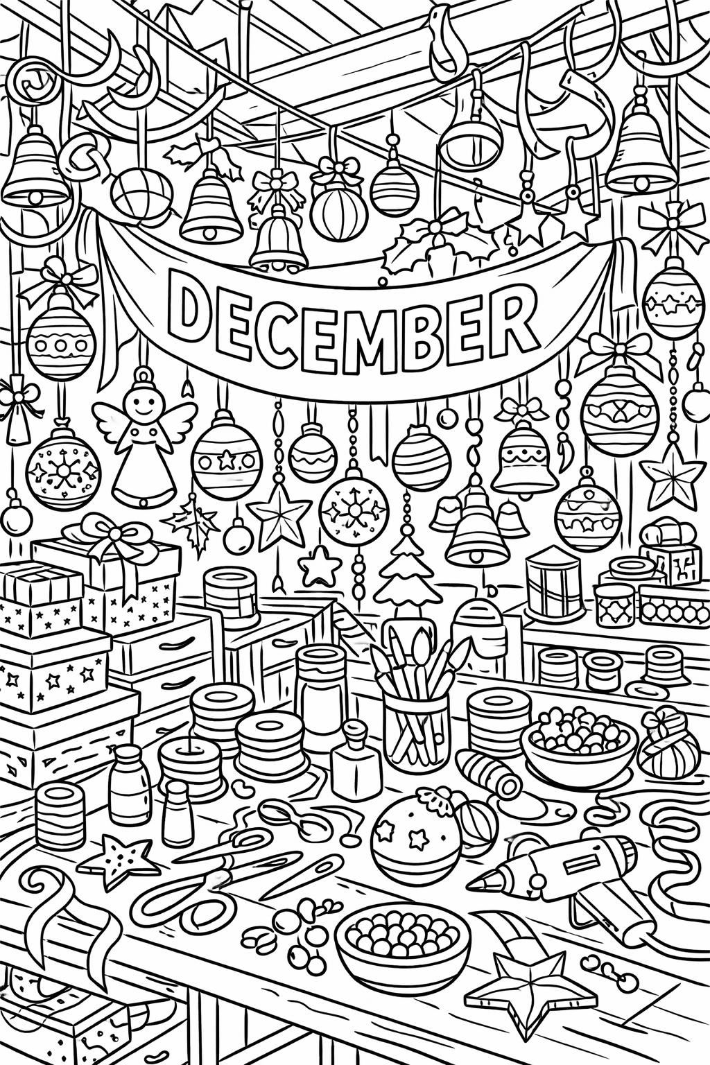 Coloring-page illustration of a Christmas workshop: a 'DECEMBER' banner, hanging ornaments and bells, gifts, bowls, and crafting tools scattered across a cluttered workbench.