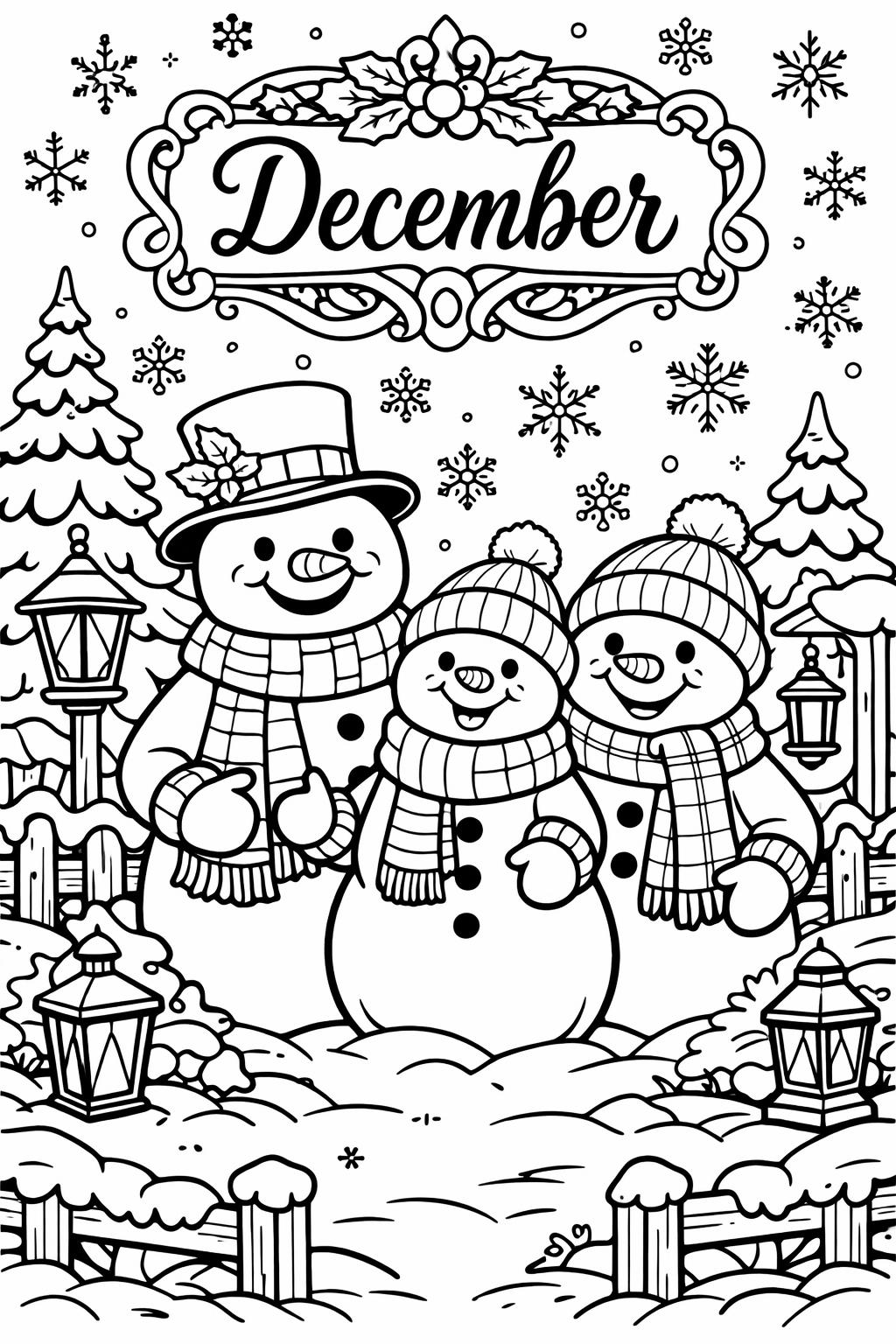 Three smiling snowmen wearing scarves and hats in a snowy park with pine trees, lanterns, and a decorative 'December' banner overhead, perfect for coloring.