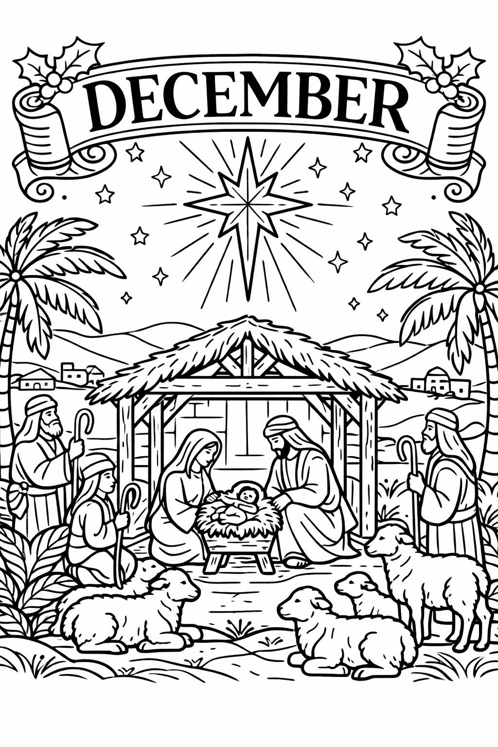 Nativity scene with Mary, Joseph, and baby Jesus in a manger under a thatched shelter, surrounded by shepherds and sheep with a starry sky above.