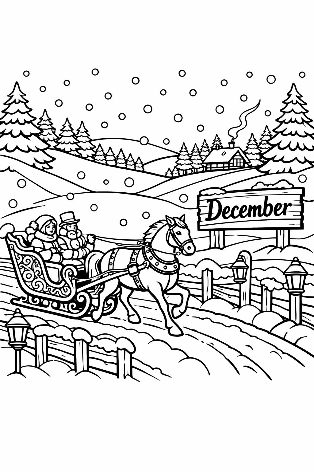 winter village coloring page | snowy December scene | relaxing seasonal artwork