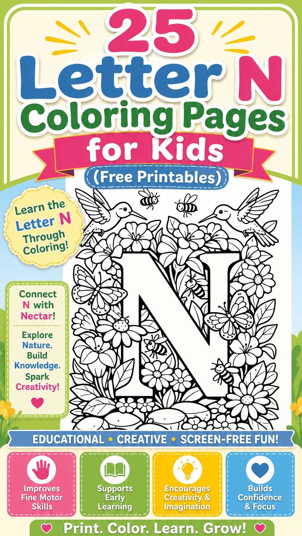 Colorful cover of a kids' coloring book: '25 Letter N Coloring Pages for Kids' with a large floral letter N and bees surrounding flowers.