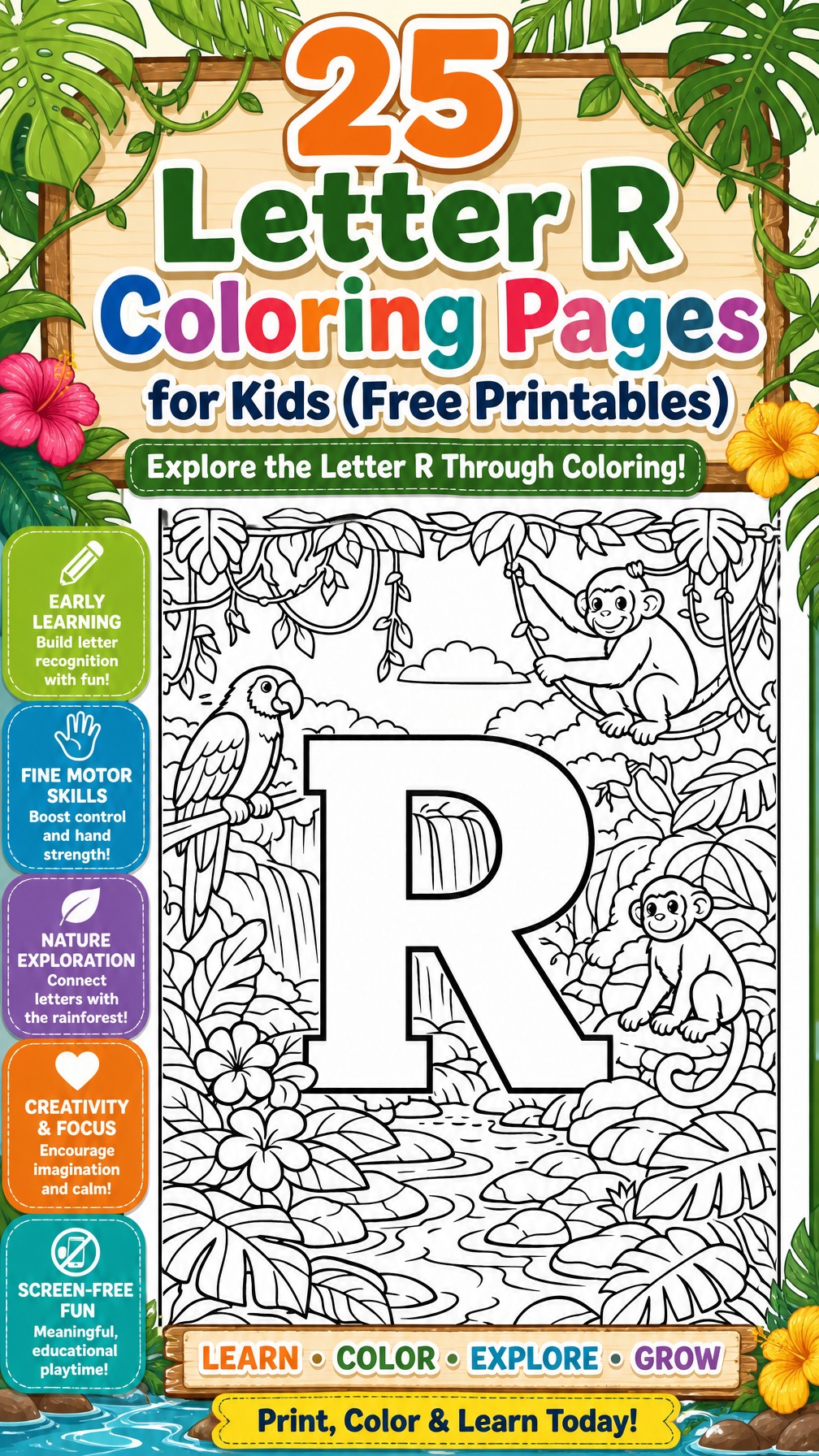 letter R coloring page | alphabet learning worksheet | printable kids activity