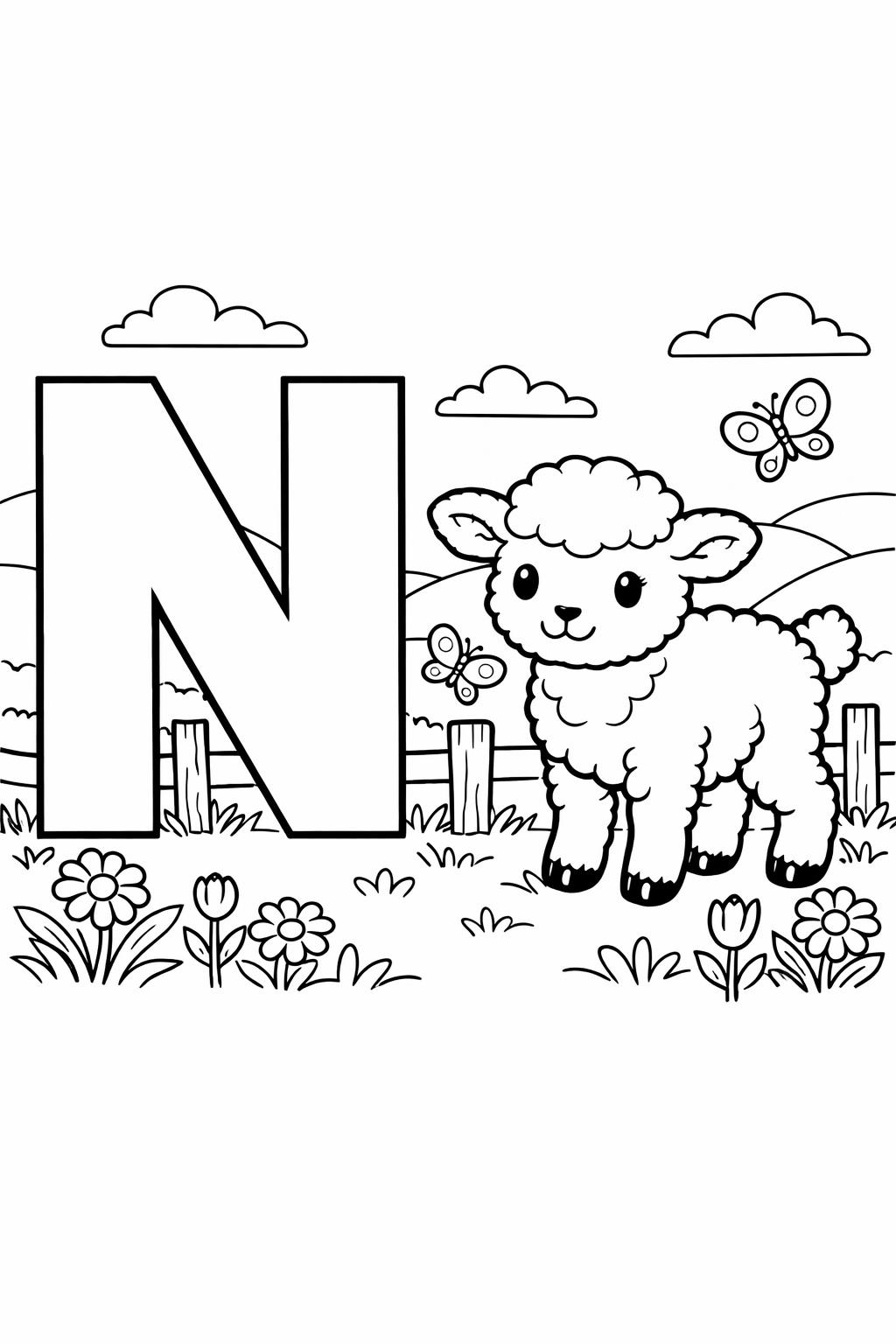 letter N and nest page | object themed alphabet activity | kids coloring page