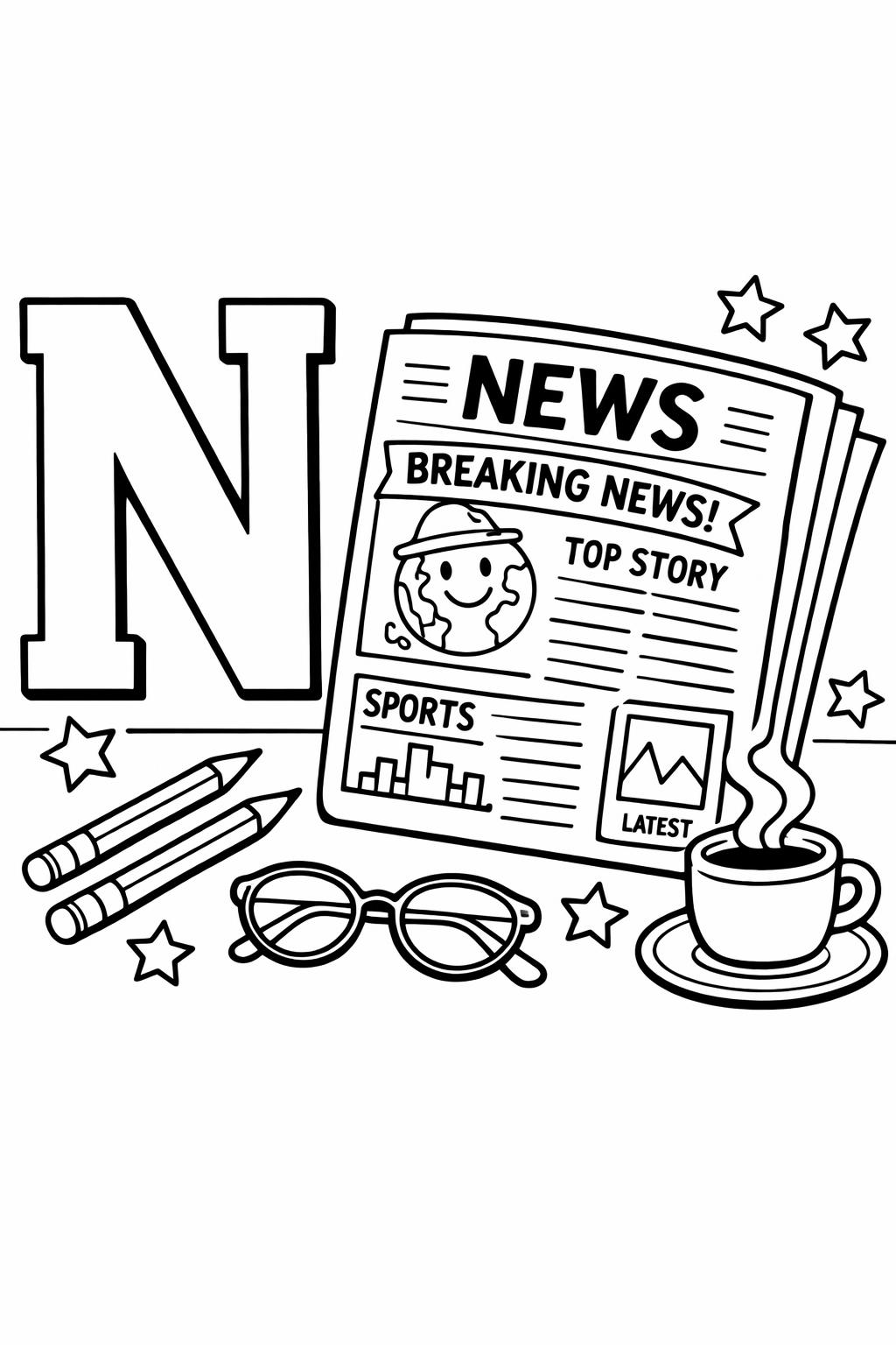 smiling letter N coloring page | cute alphabet illustration | preschool coloring page