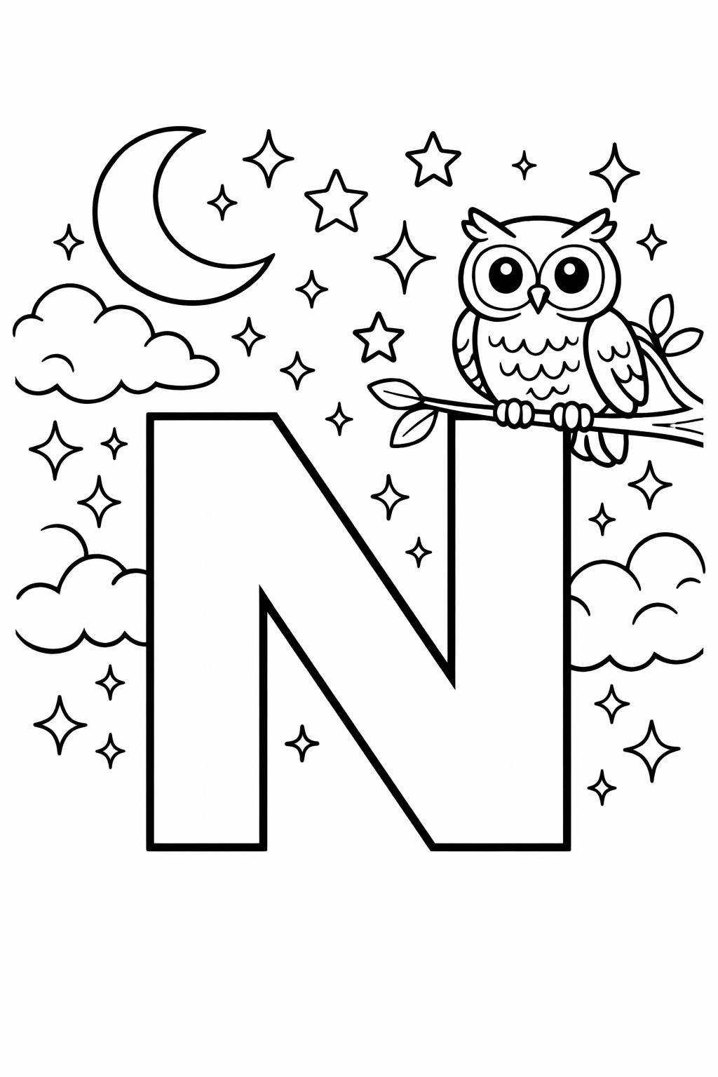 bubble letter N coloring page | large outline letter | easy coloring sheet