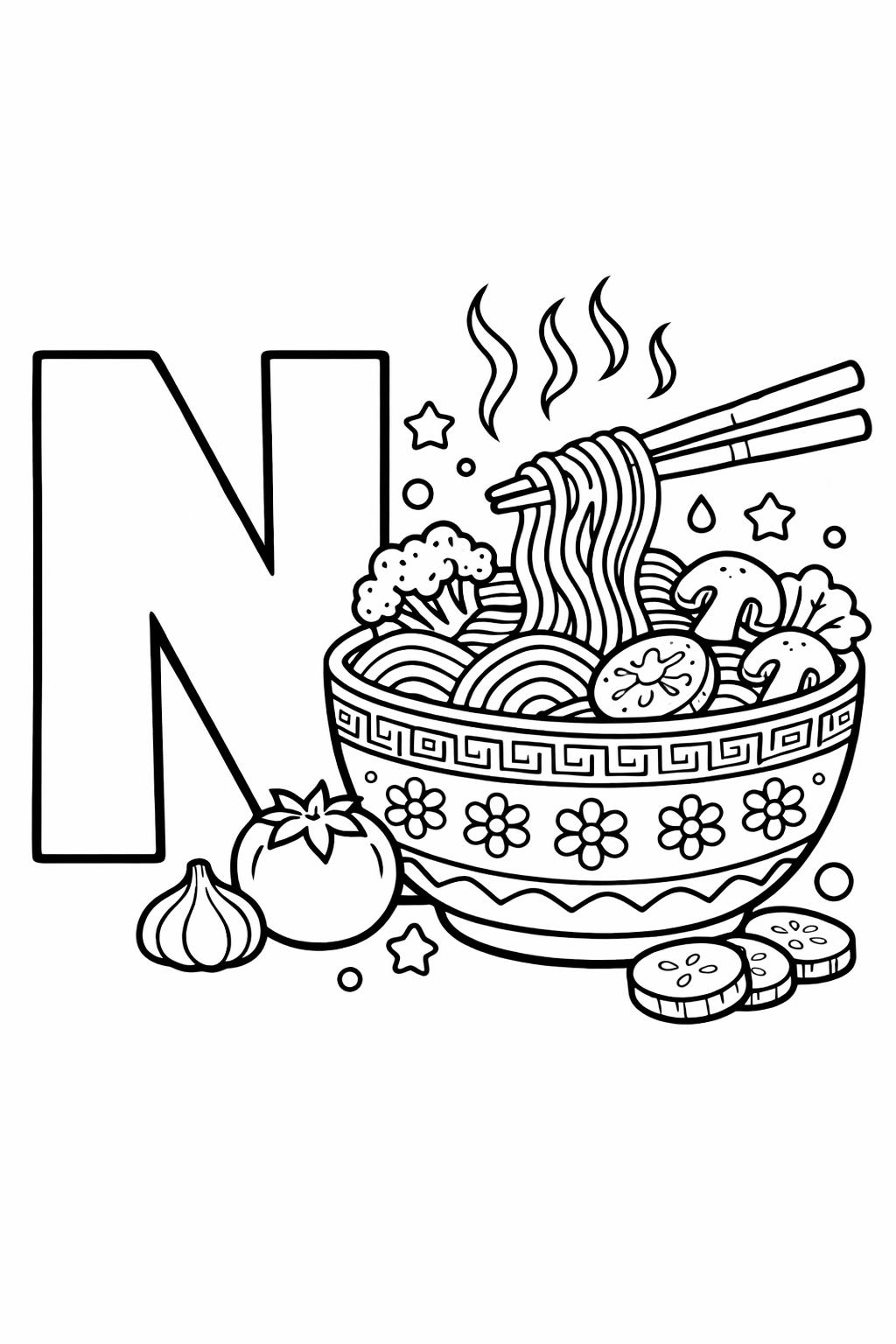 cartoon letter N coloring page | playful alphabet character | fun learning sheet