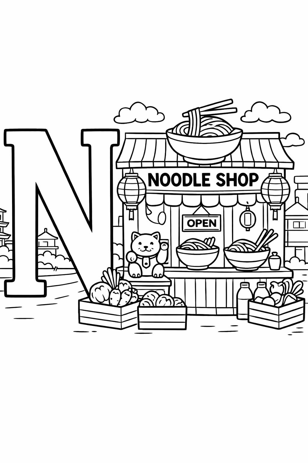 N is for night coloring page | nighttime alphabet activity | fun coloring sheet